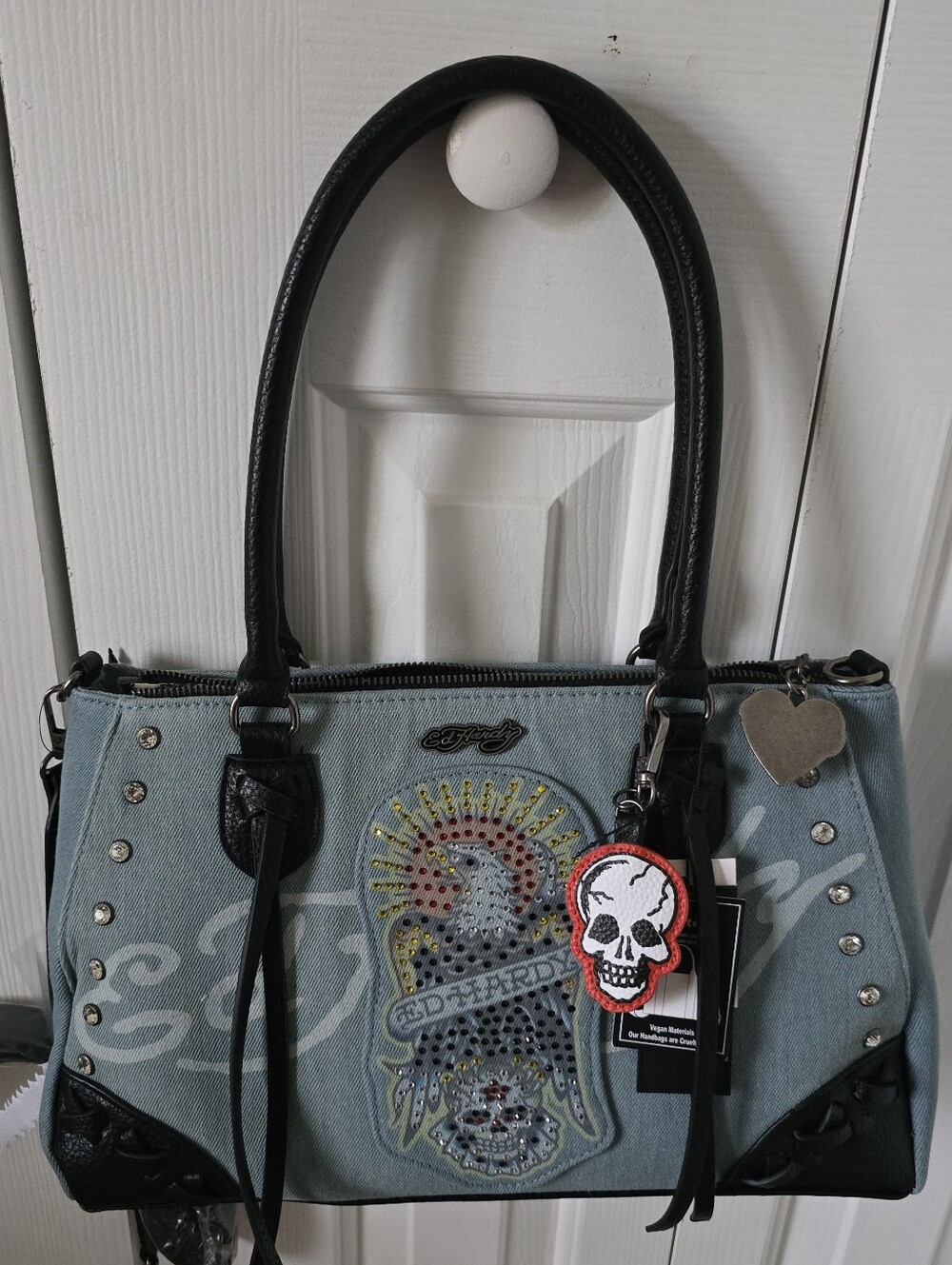 Ed Hardy Denim Embellished Satchel Bag - Light Blue/Black. NEW.